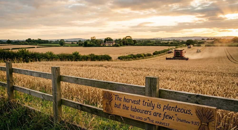 A wooden fence sign in a wheat field reading 'The harvest truly is plenteous, but the labourers are few' (Matthew 9:37), with a combine harvester at work at sunset.